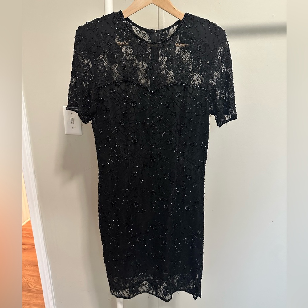 Vintage Stenay Black Beaded Shortsleeve Silk MIDI Dress size 8 - modern XS